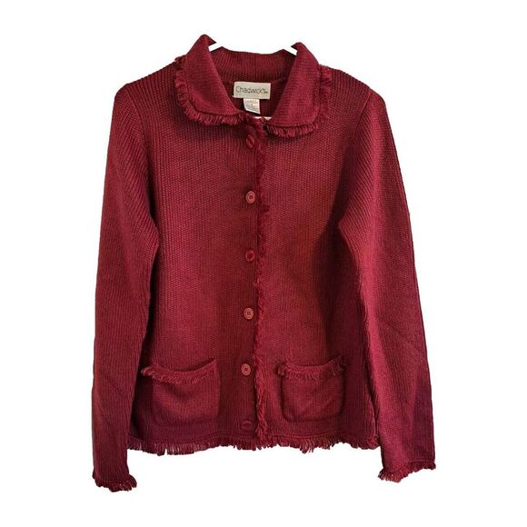Chadwicks Acrylic Fringe Womens Knit Med Button Front Cardigan Sweater Dark Pink - Picture 1 of 3